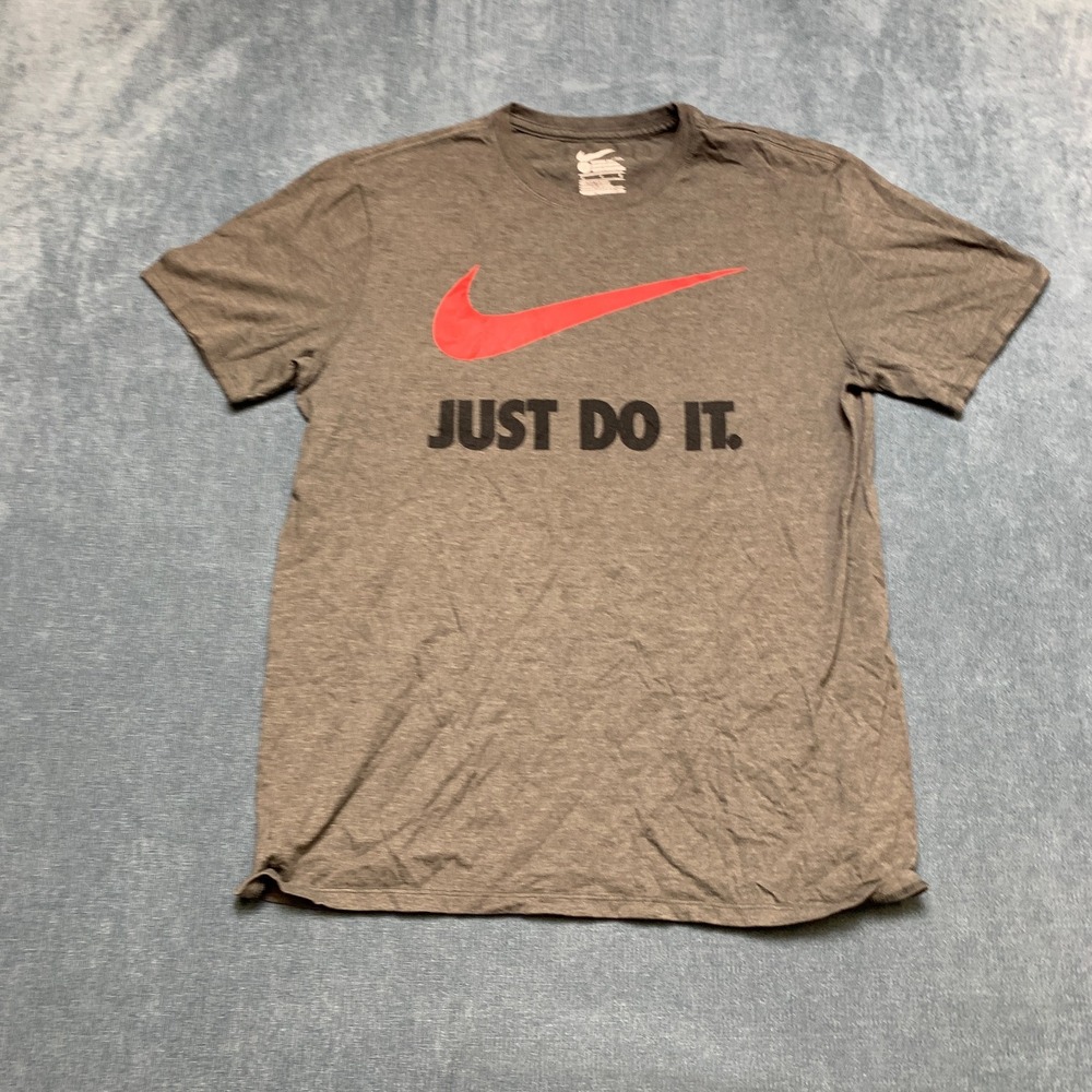 Nike T-Shirt Mens Large Gray Just Do it Center Swoosh Athletic Cut Running Gym